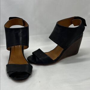 Coclico Black Leather High Heeled Wedge Sandals